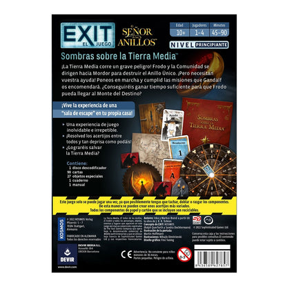 JUEGO DE MESA DEVIR EXIT EL SEÑOR DE LOS ANILLOS SOMBRAS SOBRELA TIERRA MEDIA